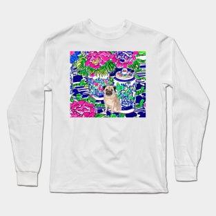 Pug and pink daisies Long Sleeve T-Shirt